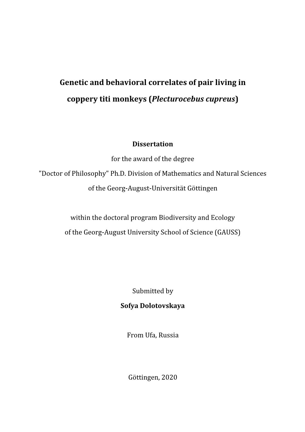 Genetic and Behavioral Correlates of Pair Living in Coppery Titi Monkeys, Plecturocebus Cupreus