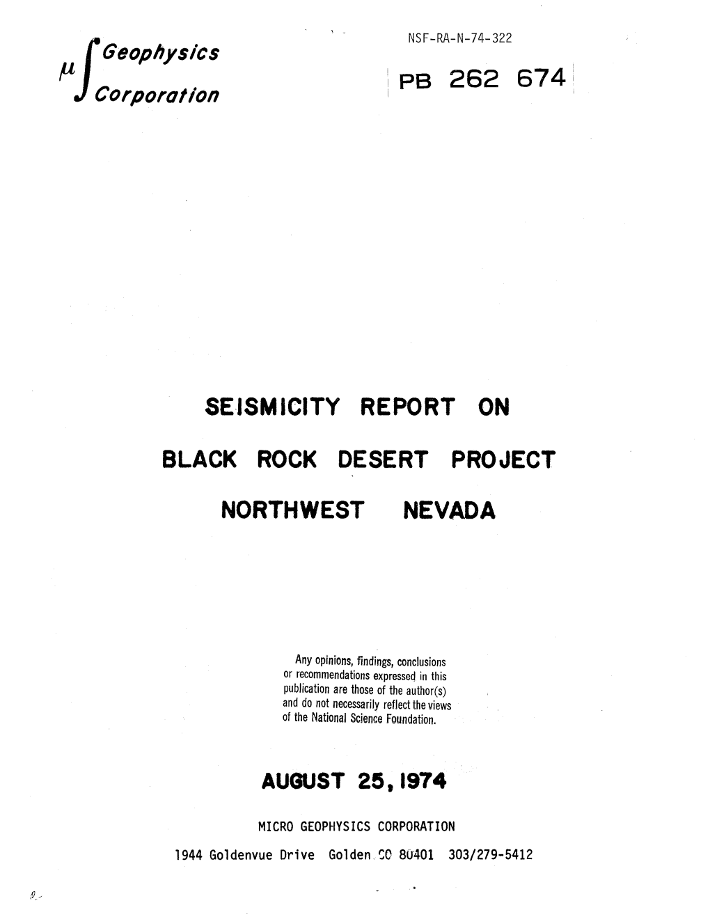 PJ Corporation PB 262 674:, SEISMICITY REPORT on BLACK