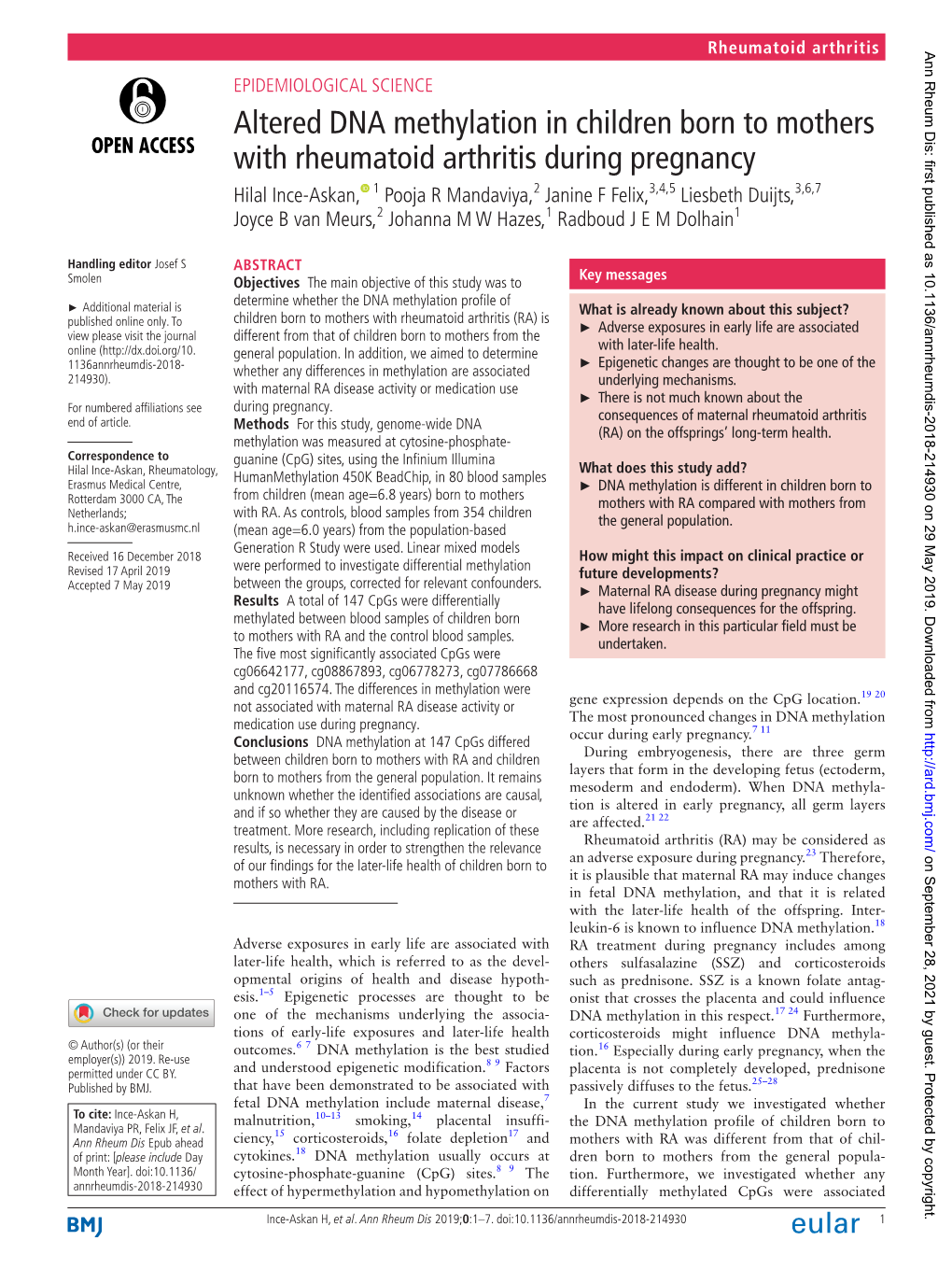 Altered DNA Methylation in Children Born to Mothers with Rheumatoid