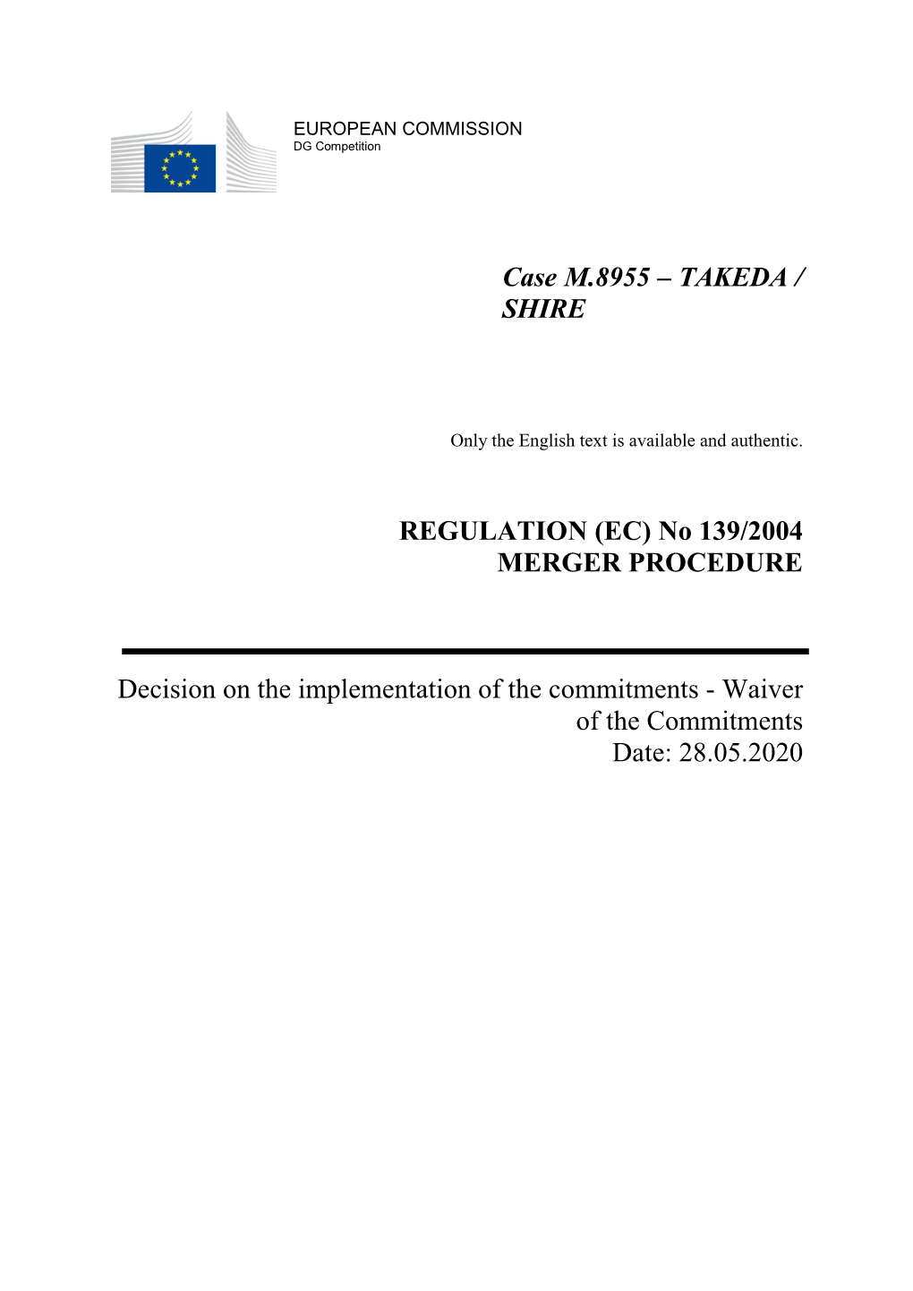 Case M.8955 – TAKEDA / SHIRE REGULATION