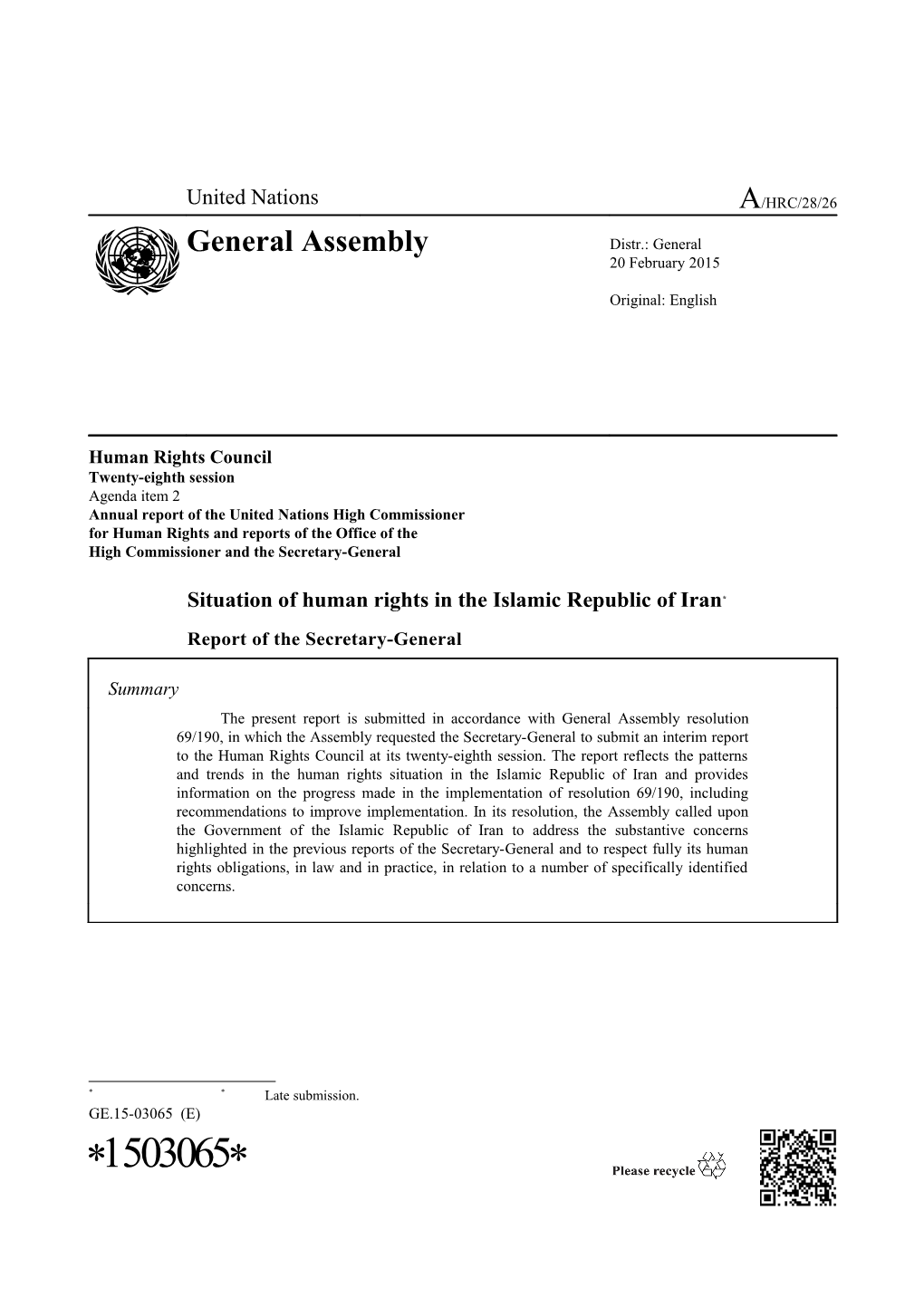 Report of the Secretary-General on the Situation of Human Rights in the Islamic Republic