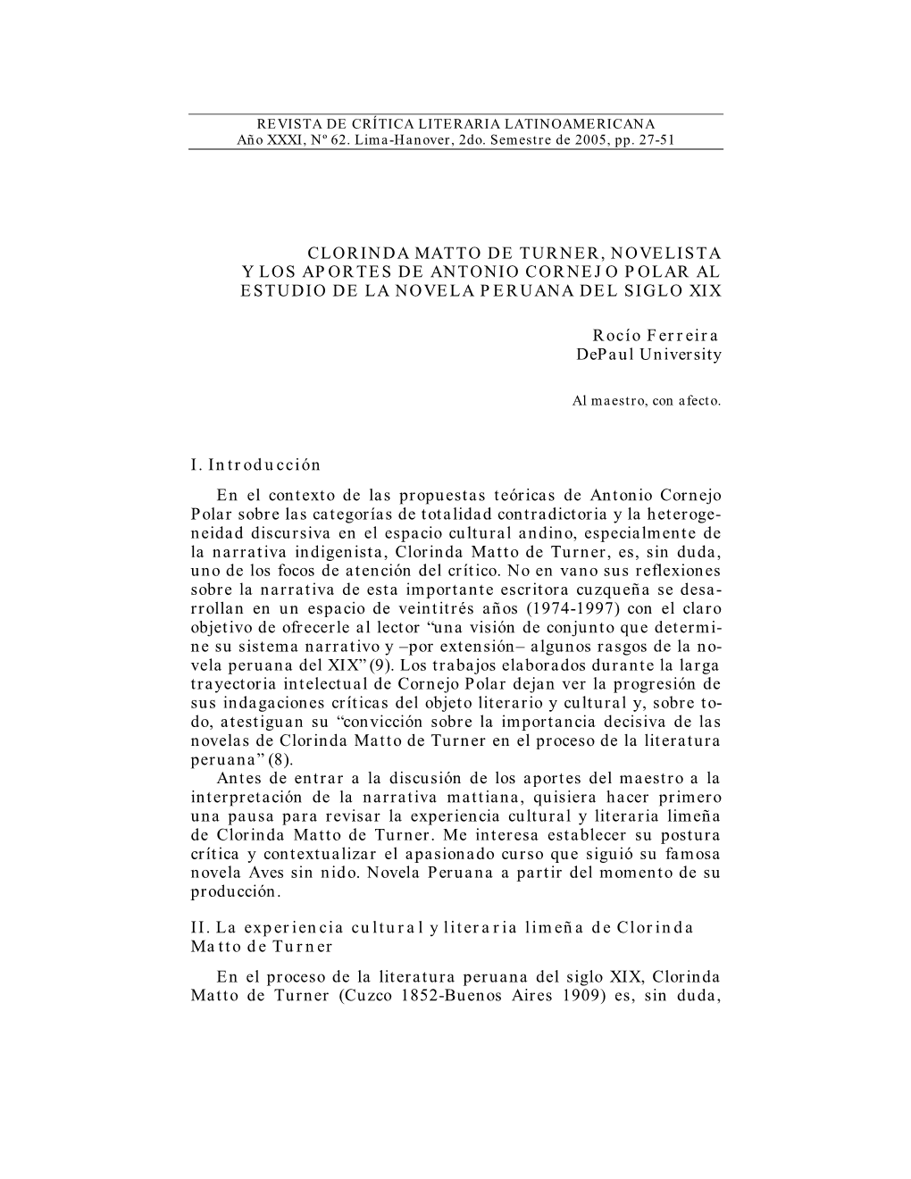 Clorinda Matto De Turner, Novelista Y Los Aportes De Antonio Cornejo Polar Al Estudio De La Novela Peruana Del Siglo Xix