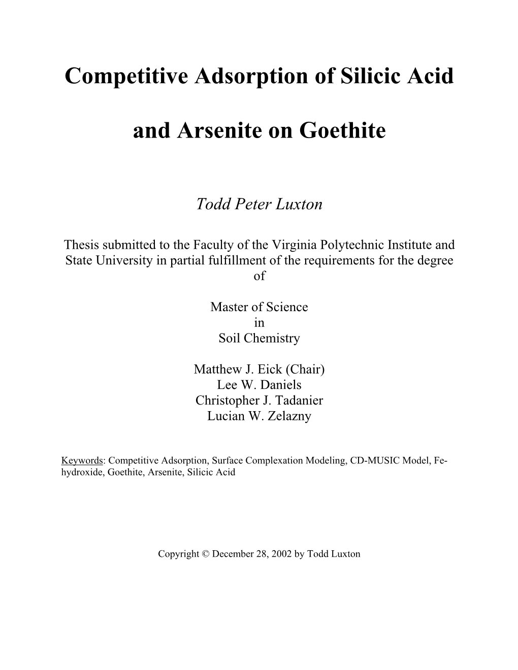 Competitive Adsorption of Silicic Acid and Arsenite on Goethite