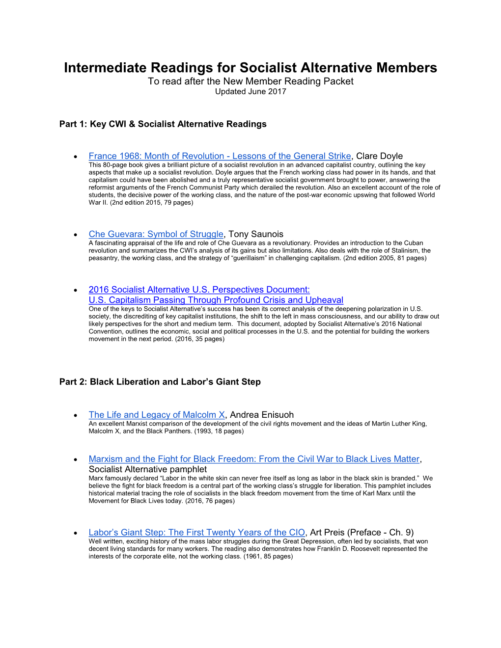 Intermediate Readings for Socialist Alternative Members to Read After the New Member Reading Packet Updated June 2017