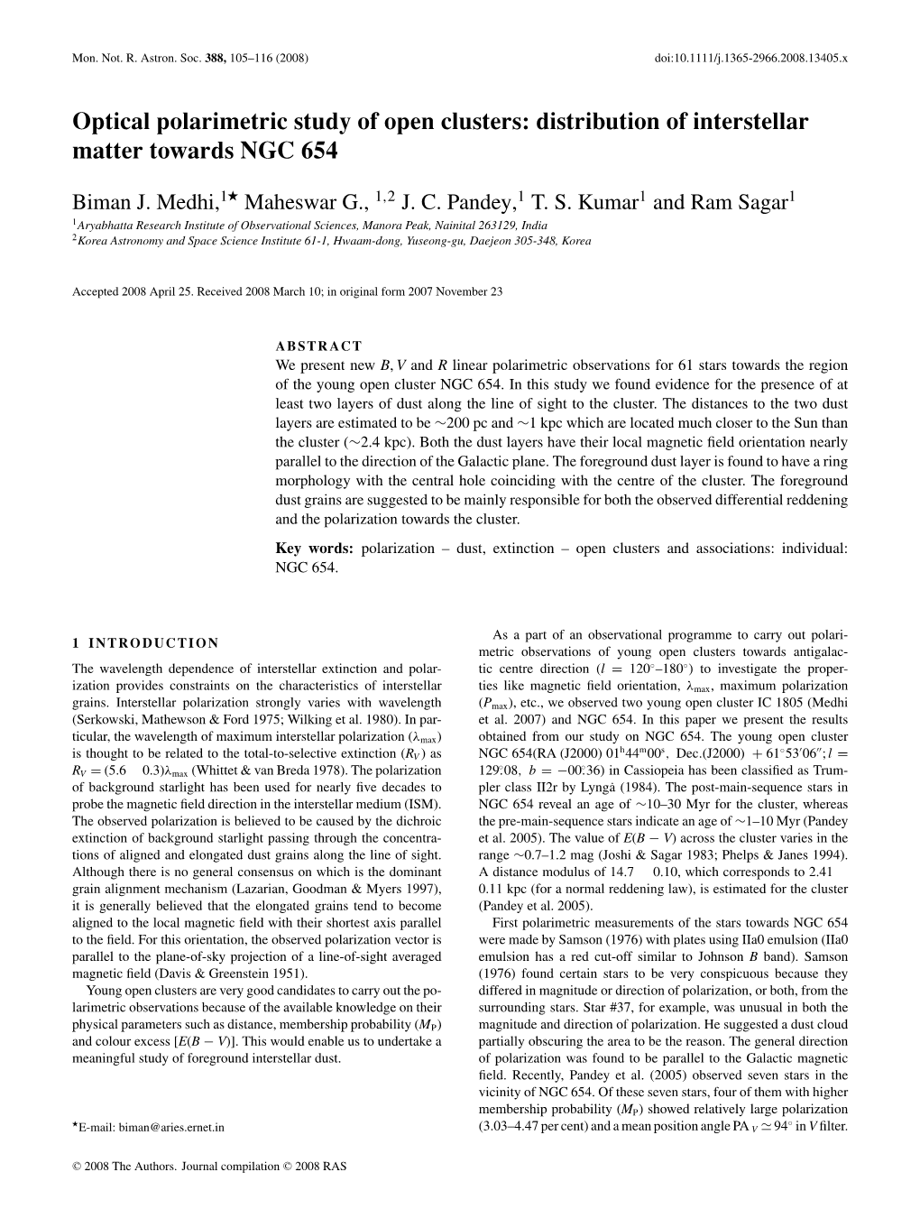 Optical Polarimetric Study of Open Clusters: Distribution of Interstellar Matter Towards NGC 654