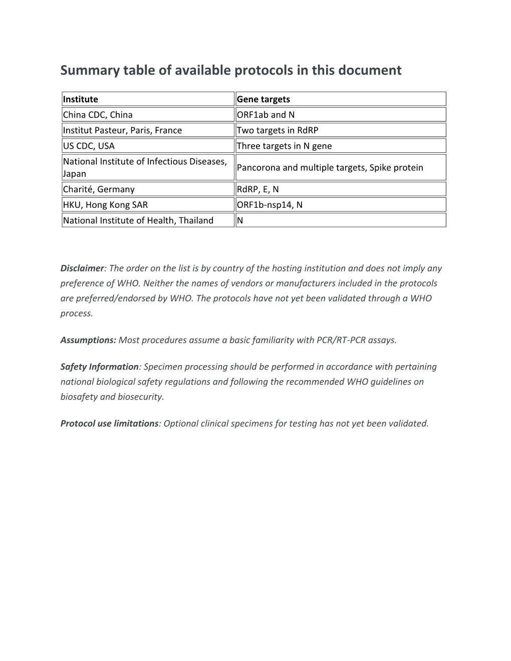 Summary Table of Available Protocols in This Document