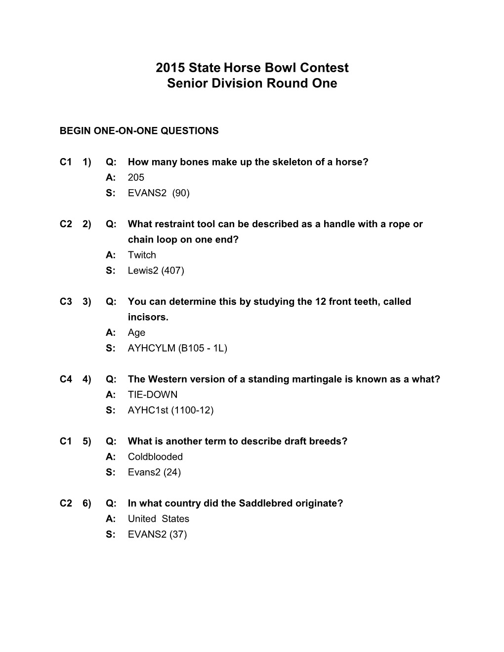 2015 State Horse Bowl Contest Senior Division Round One