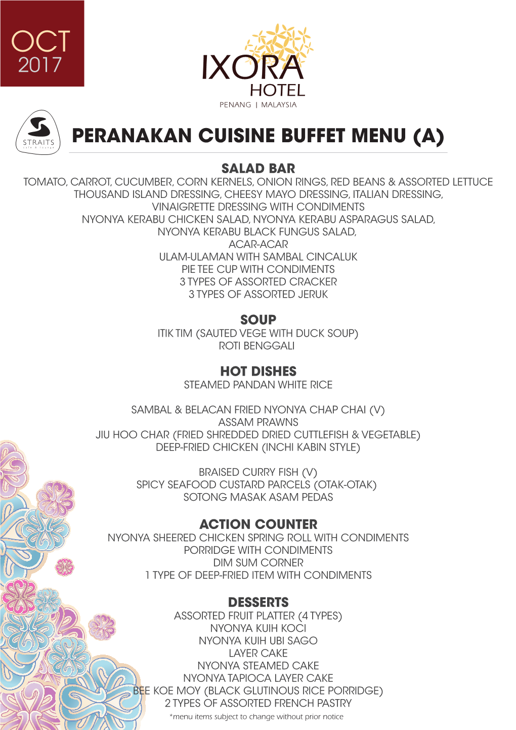 Peranakan Cuisine Buffet Menu (A)