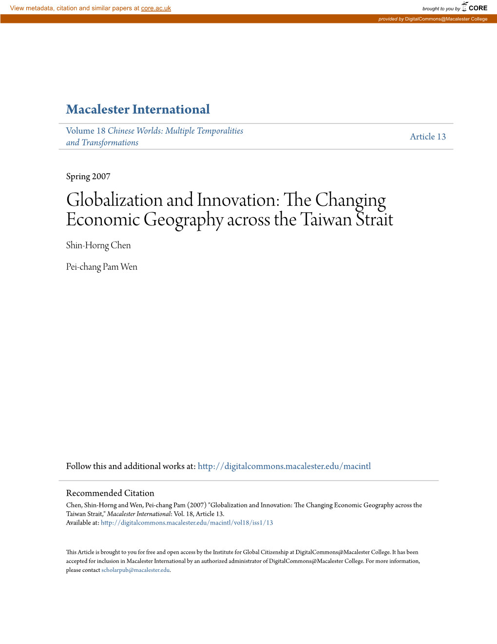 Globalization and Innovation: the Changing Economic Geography Across the Taiwan Strait