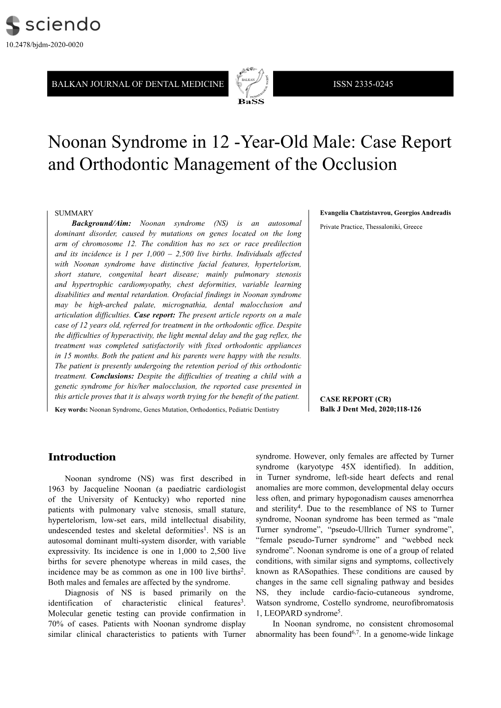 Noonan Syndrome in 12 -Year-Old Male: Case Report and Orthodontic Management of the Occlusion