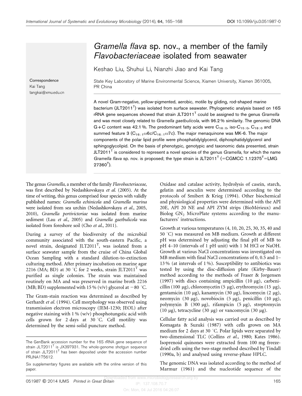 Gramella Flava Sp. Nov., a Member of the Family Flavobacteriaceae Isolated from Seawater