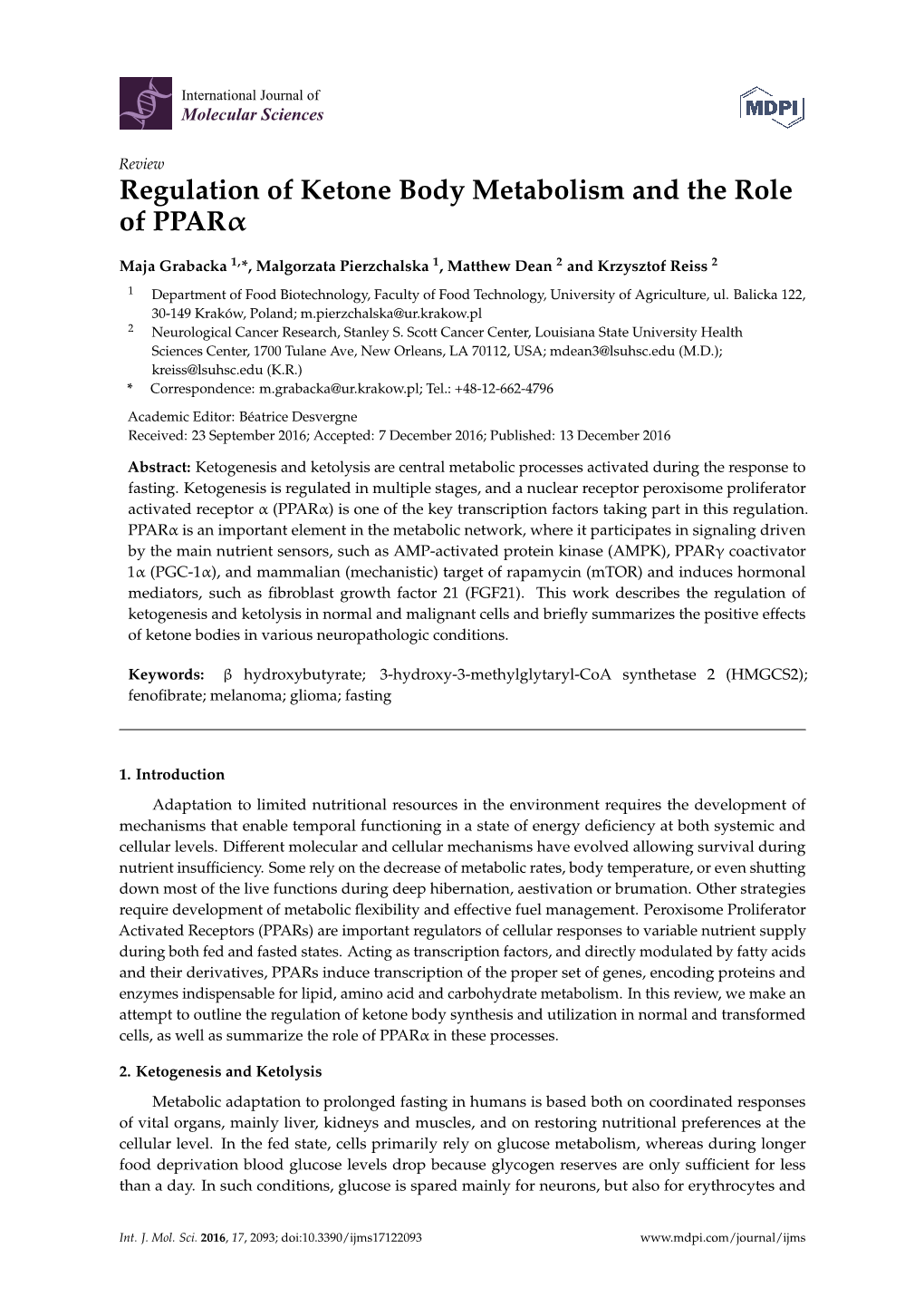 Regulation of Ketone Body Metabolism and the Role of Pparα