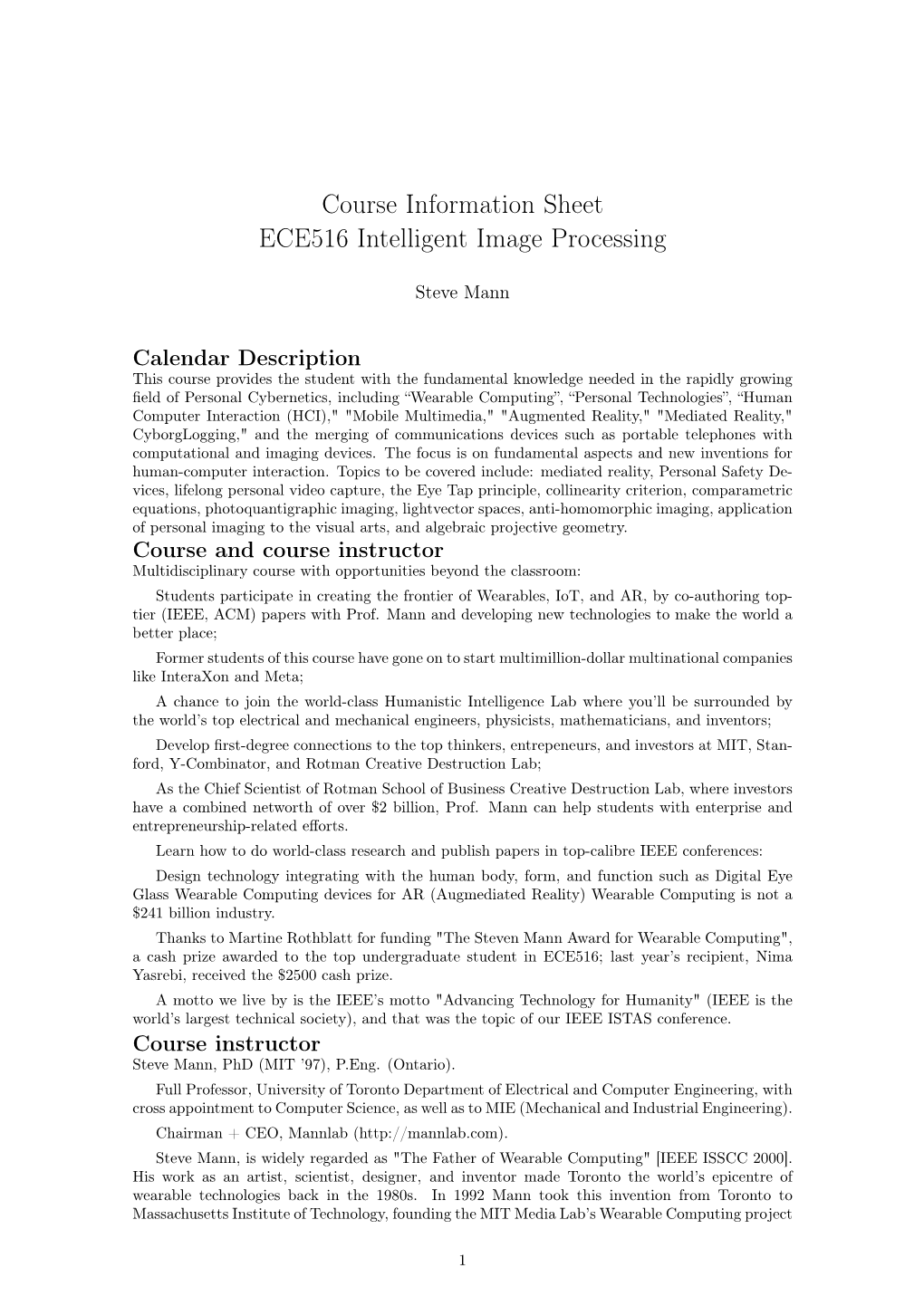 Course Information Sheet ECE516 Intelligent Image Processing