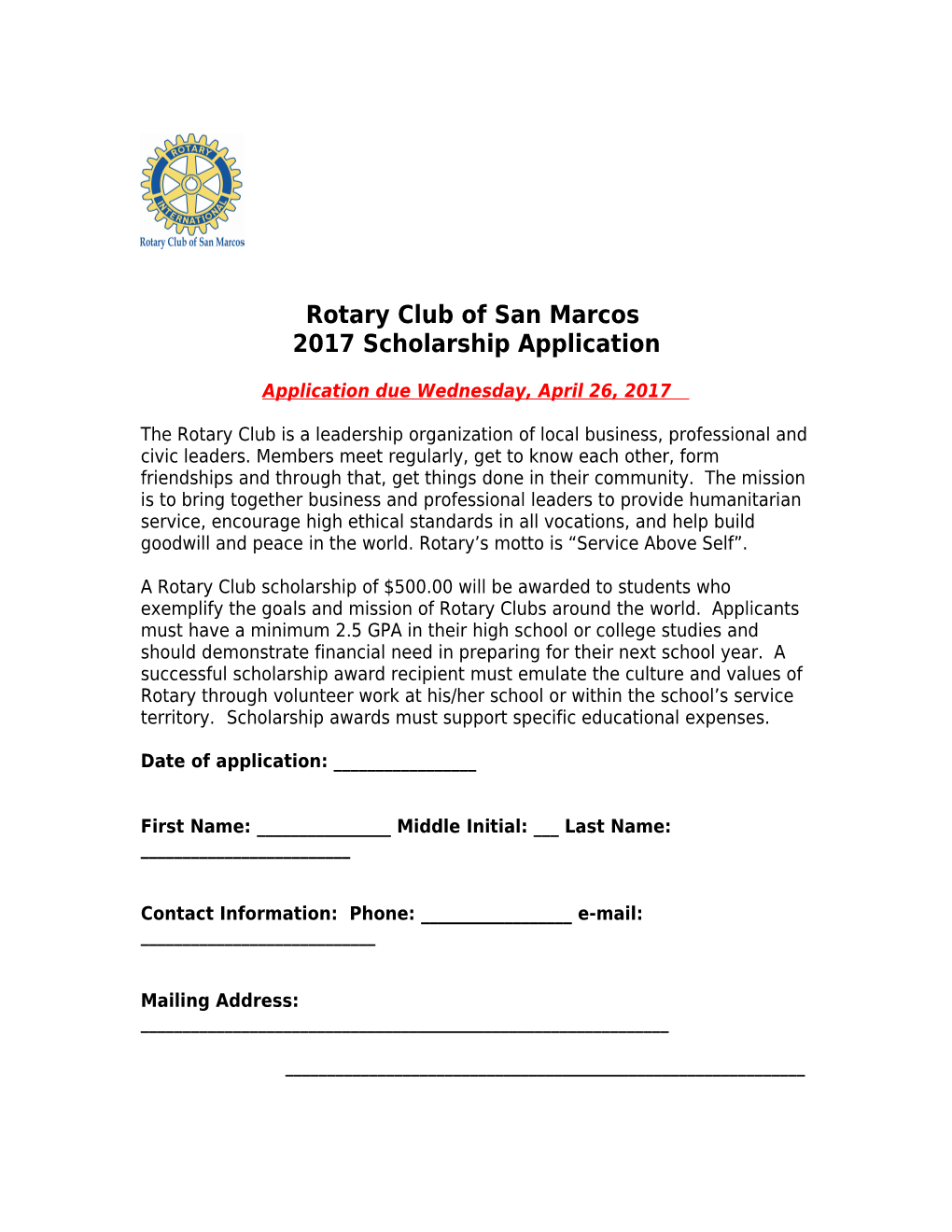 San Marcos Rotary Club - 2017 Scholarship Application Page 2