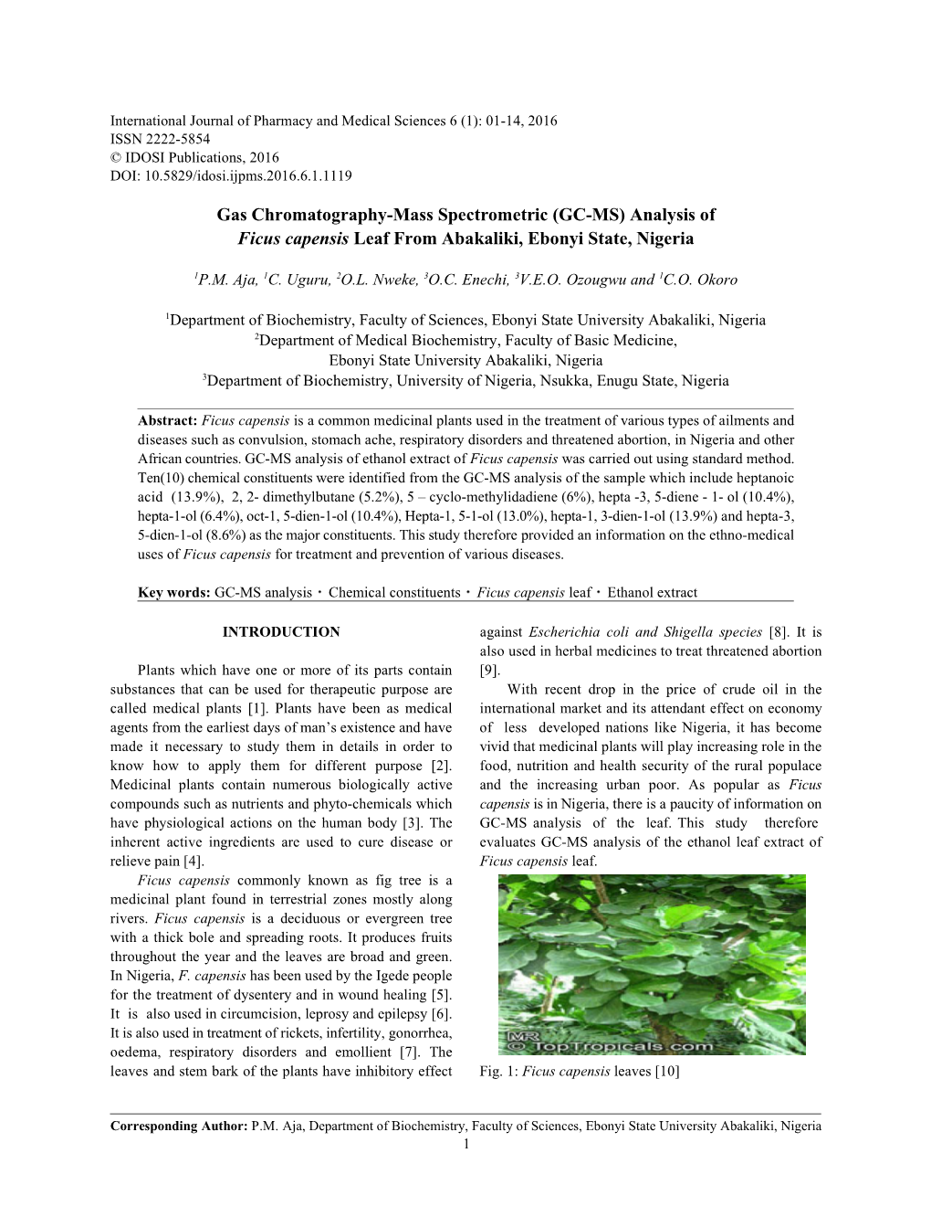 Gas Chromatography-Mass Spectrometric (GC-MS) Analysis of Ficus Capensis Leaf from Abakaliki, Ebonyi State, Nigeria