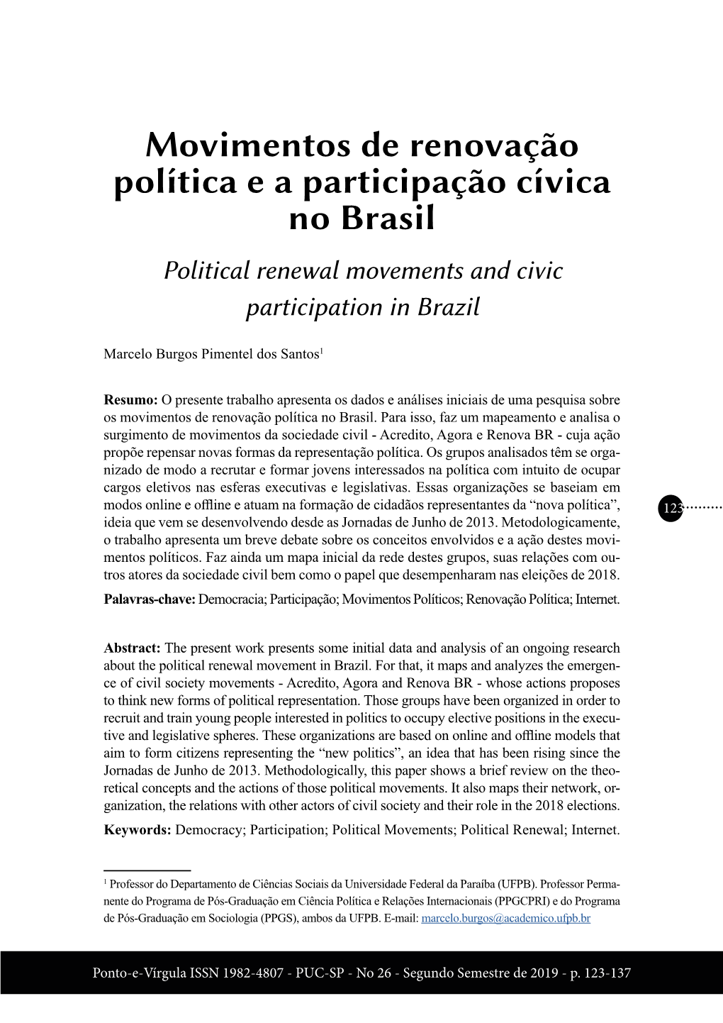 Movimentos De Renovação Política E a Participação Cívica No Brasil Political Renewal Movements and Civic Participation in Brazil