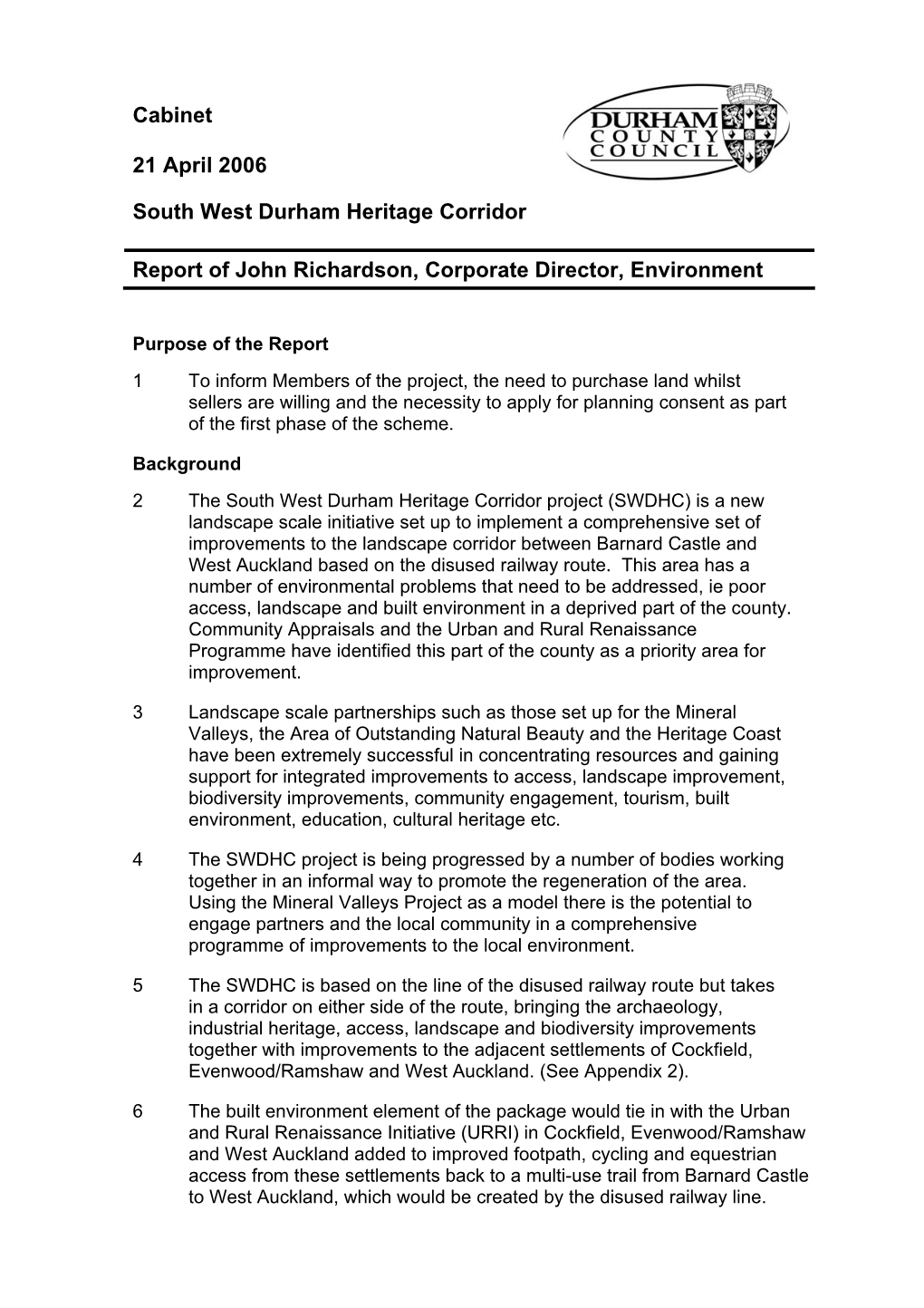 Cabinet 21 April 2006 South West Durham Heritage Corridor Report Of