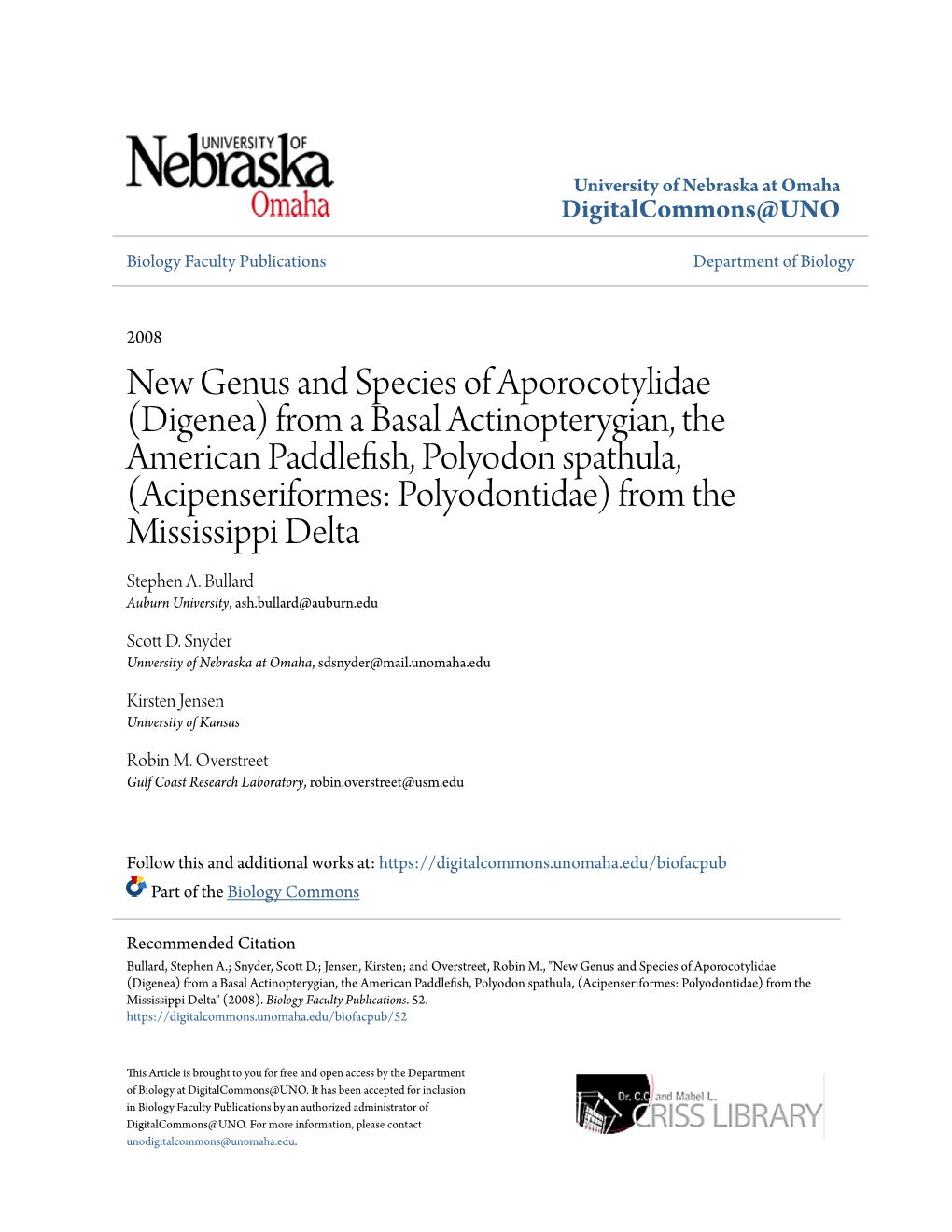 New Genus and Species of Aporocotylidae (Digenea) from A