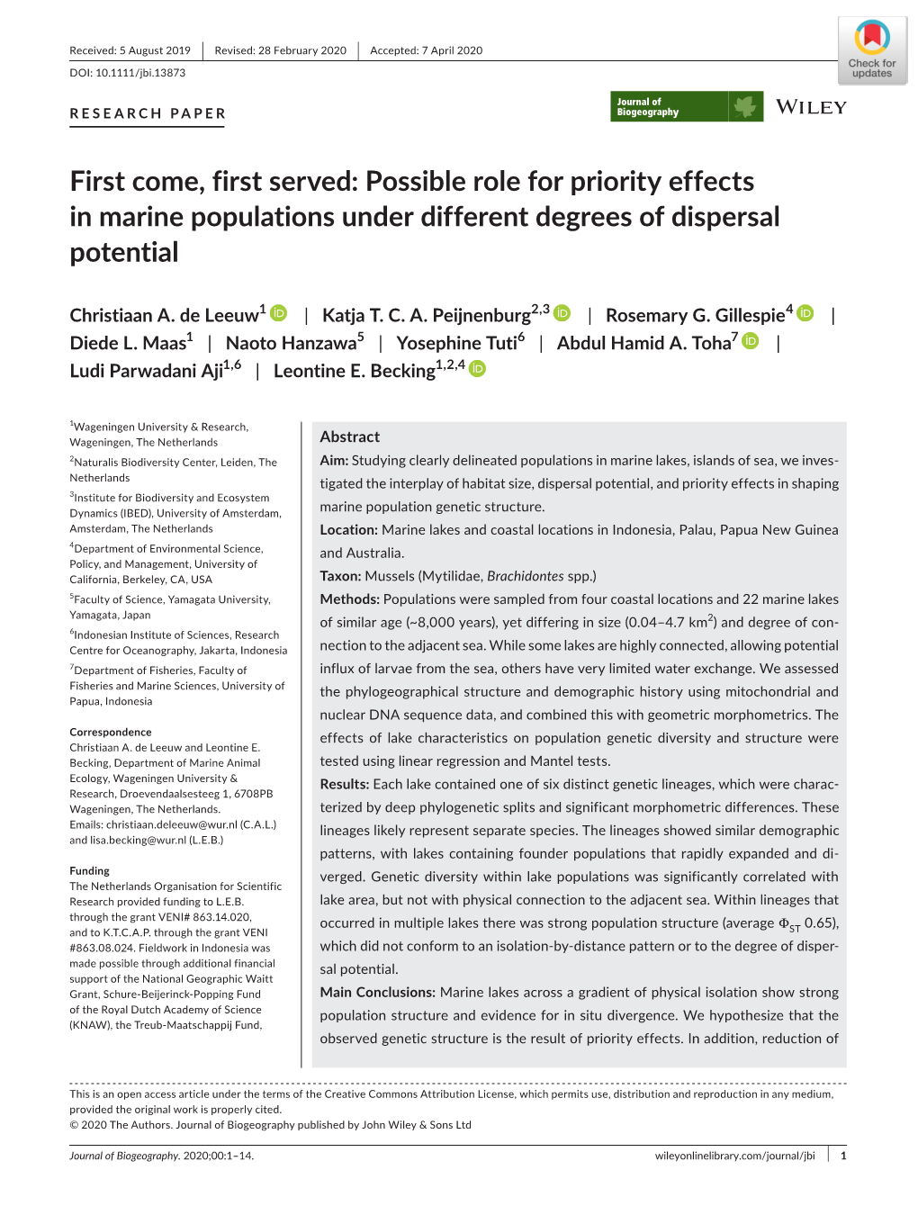 Possible Role for Priority Effects in Marine Populations Under Different Degrees of Dispersal Potential