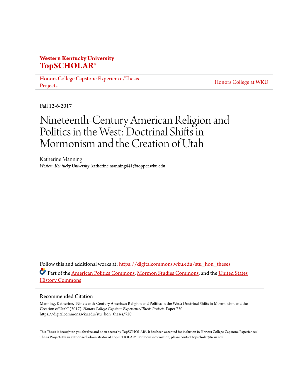 Nineteenth-Century American Religion and Politics in the West