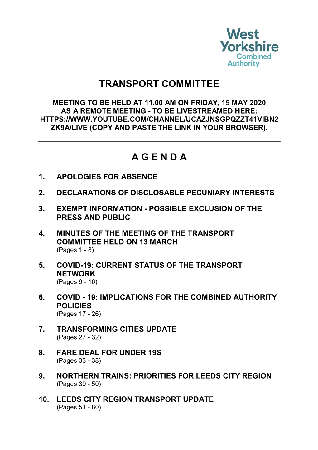 Agenda Document for Transport Committee, 15/05/2020 11:00