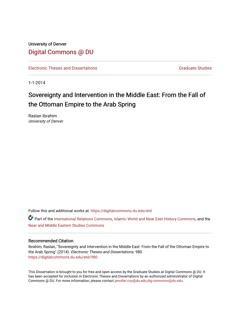 Sovereignty and Intervention in the Middle East: from the Fall of the Ottoman Empire to the Arab Spring