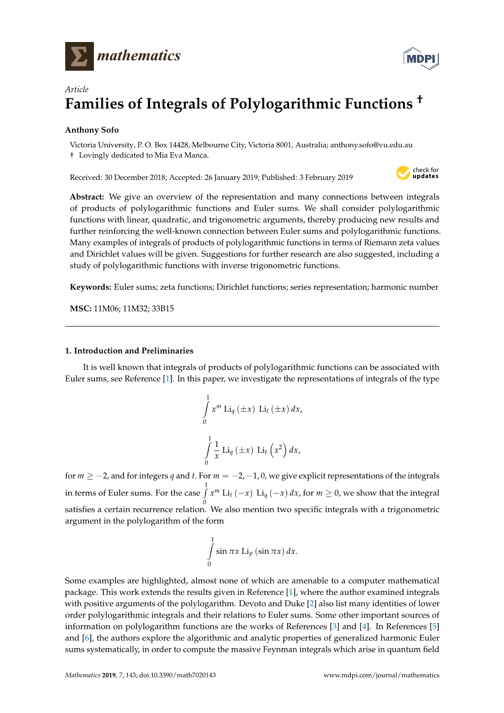 Families of Integrals of Polylogarithmic Functions †