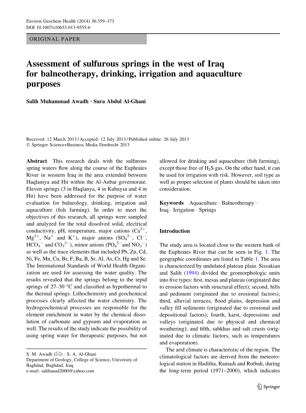Assessment of Sulfurous Springs in the West of Iraq for Balneotherapy, Drinking, Irrigation and Aquaculture Purposes