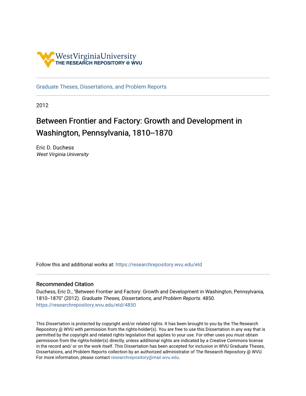 Growth and Development in Washington, Pennsylvania, 1810--1870