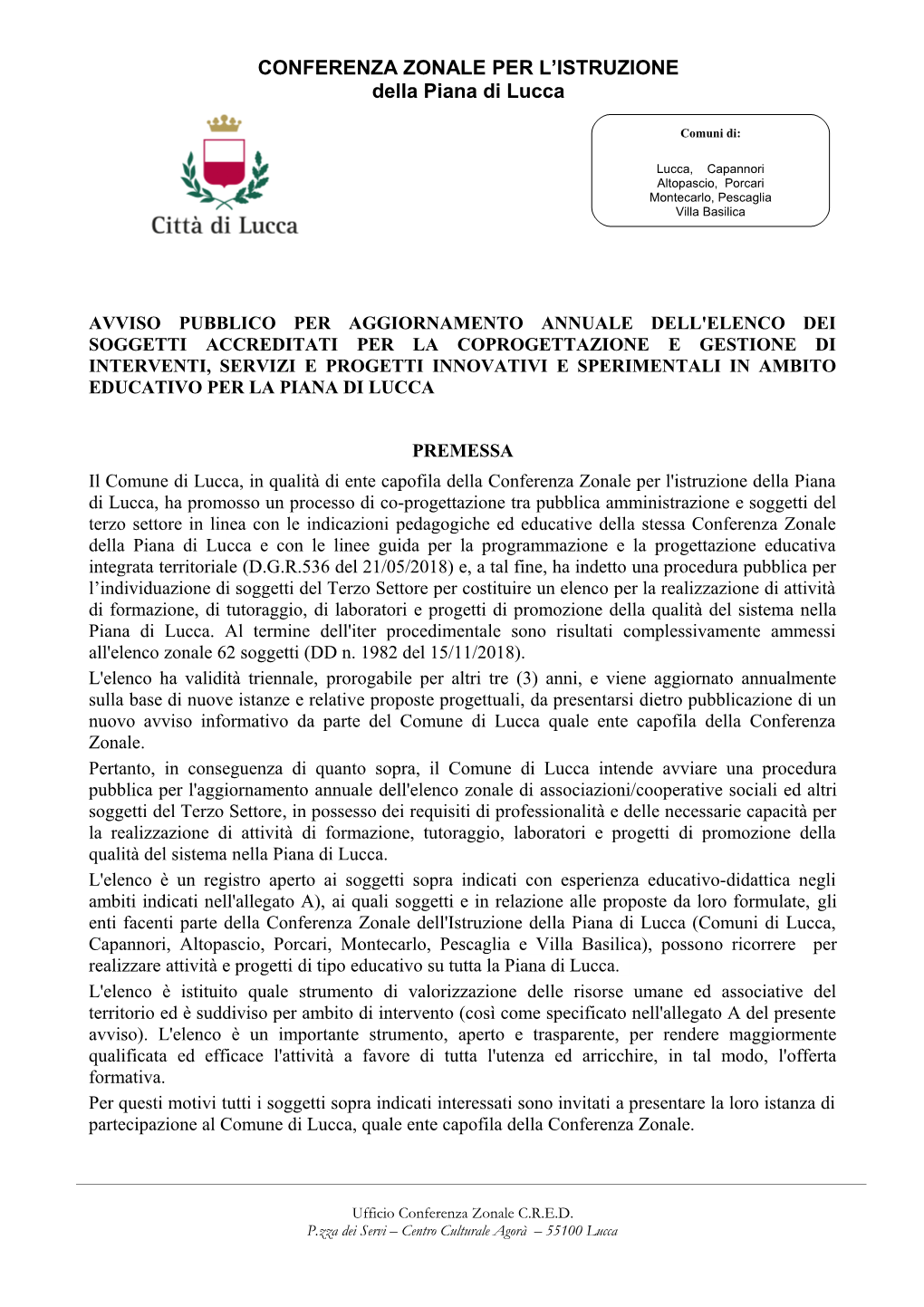 CONFERENZA ZONALE PER L'istruzione Della Piana Di Lucca