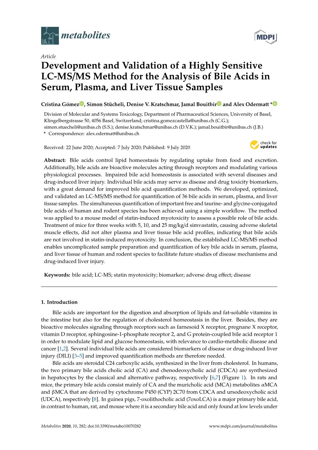 Development and Validation of a Highly Sensitive LC-MS/MS Method for the Analysis of Bile Acids in Serum, Plasma, and Liver Tissue Samples