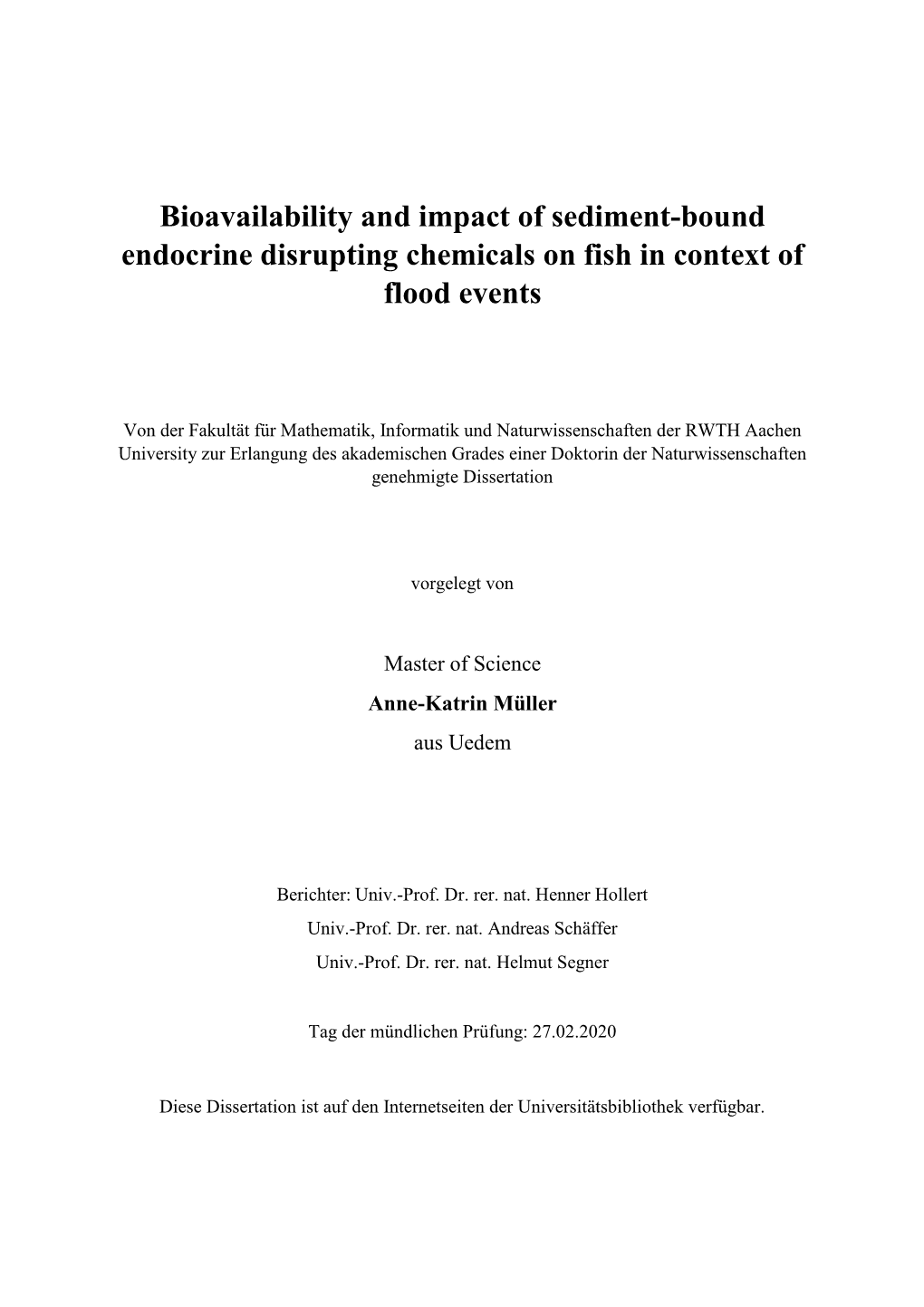 Bioavailability and Impact of Sediment-Bound Endocrine Disrupting Chemicals on Fish in Context of Flood Events