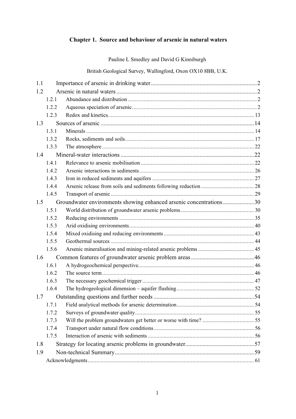 Chapter 1. Source and Behaviour of Arsenic in Natural Waters 1.1 Importance of Arsenic in Drinking Water