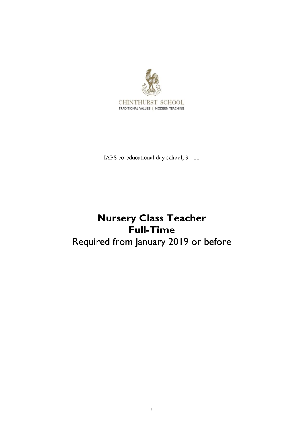 Nursery Class Teacher Full-Time Required from January 2019 Or Before