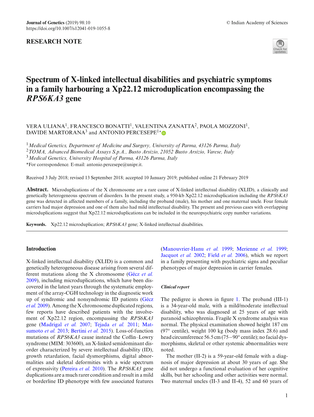 Spectrum of X-Linked Intellectual Disabilities and Psychiatric Symptoms in a Family Harbouring a Xp22.12 Microduplication Encompassing the RPS6KA3 Gene