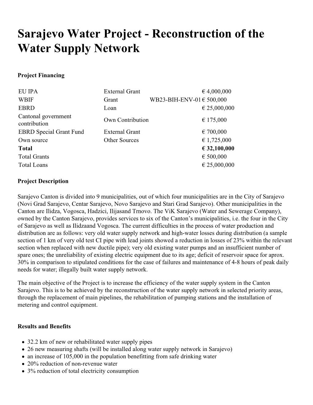 Sarajevo Water Project - Reconstruction of the Water Supply Network