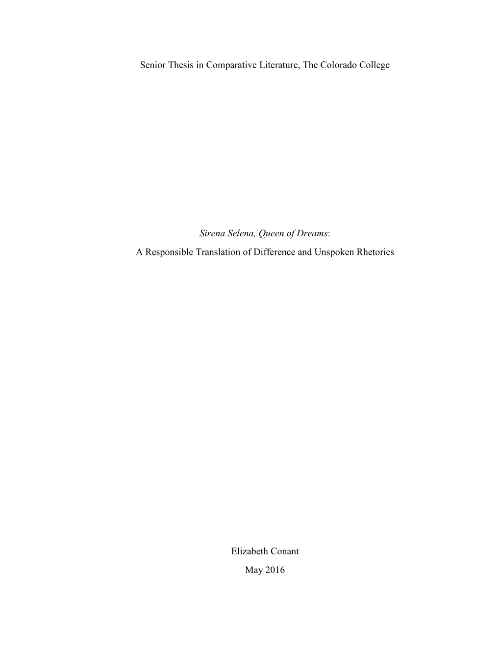 Senior Thesis in Comparative Literature, the Colorado College