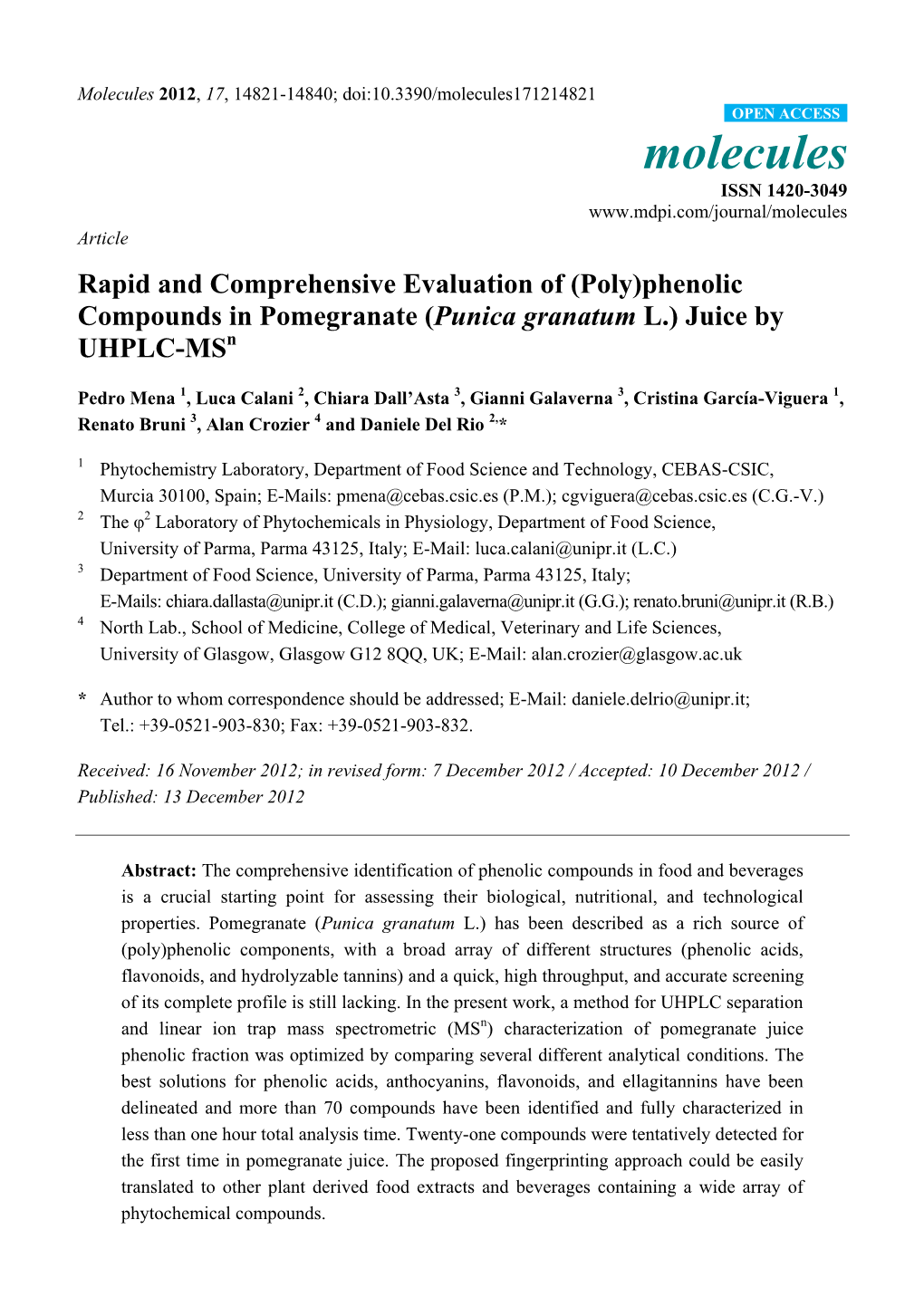 (Poly)Phenolic Compounds in Pomegranate (Punica Granatum L.) Juice by UHPLC-Msn