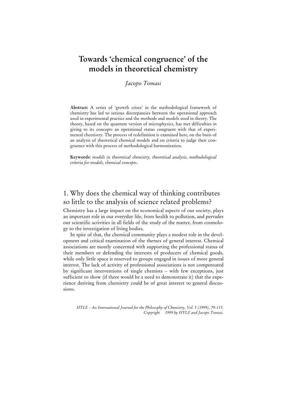 'Chemical Congruence' of the Models in Theoretical Chemistry