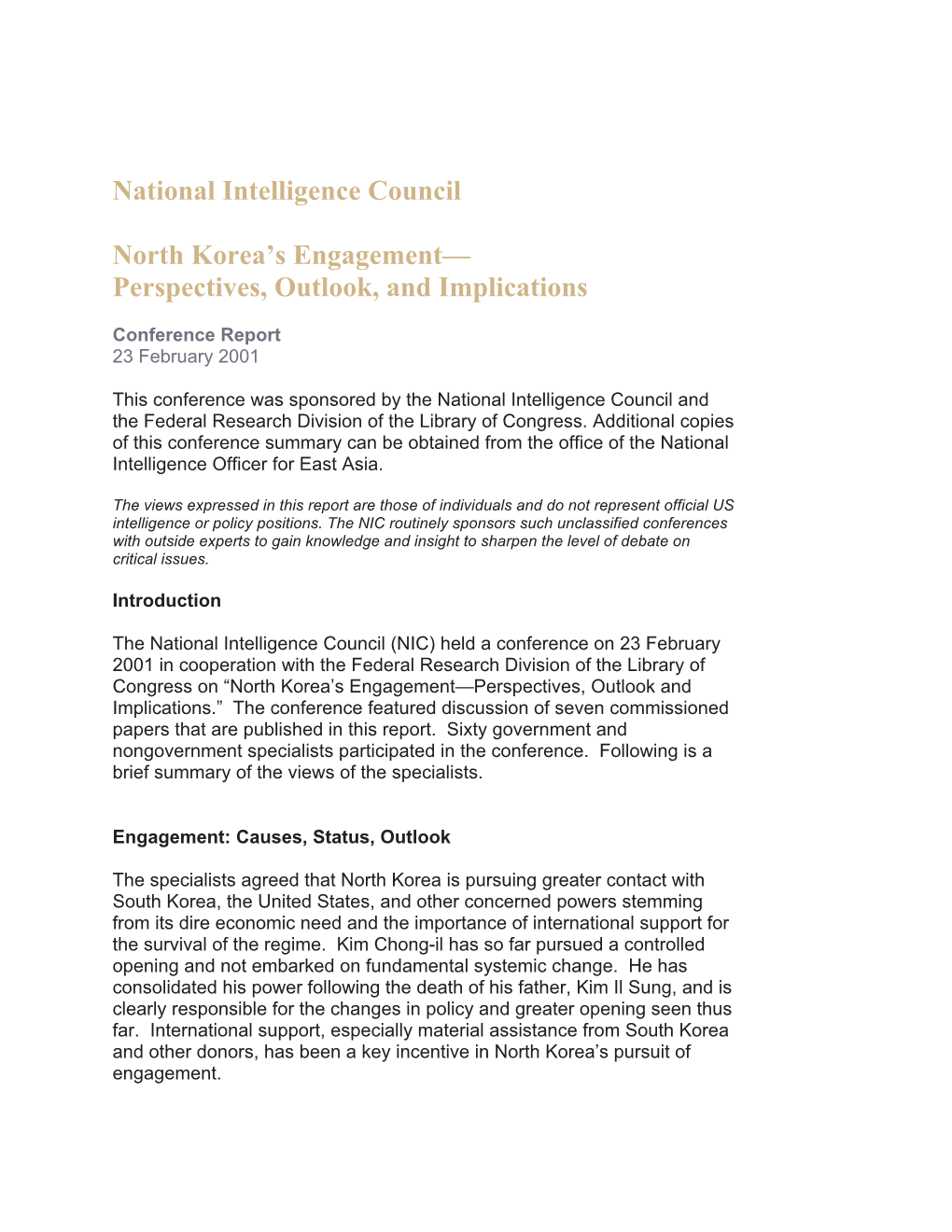 National Intelligence Council North Korea's Engagement