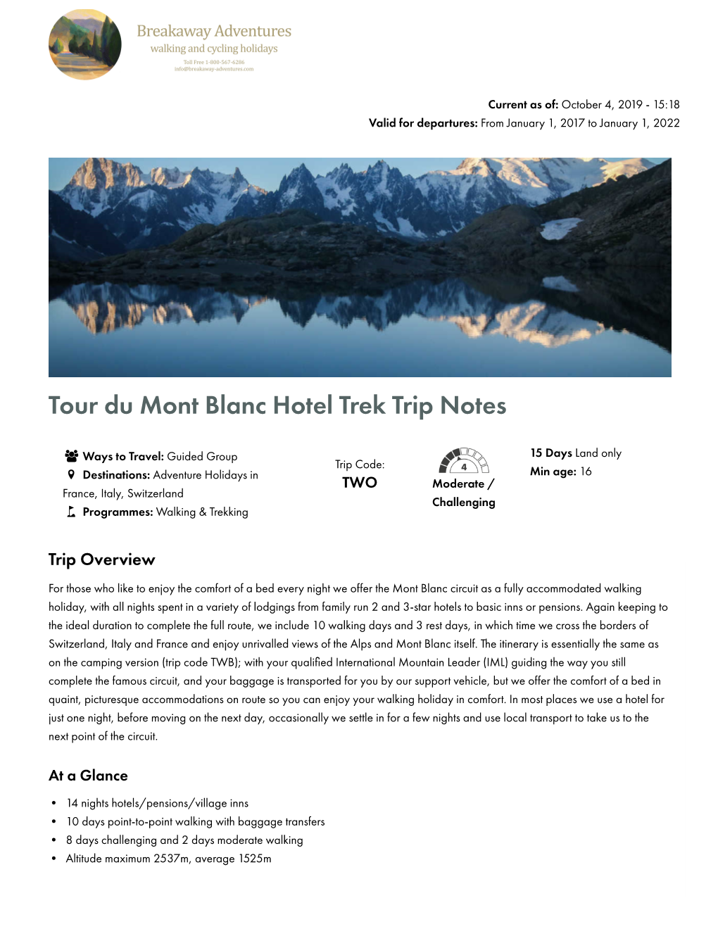 Tour Du Mont Blanc Hotel Trek Trip Notes