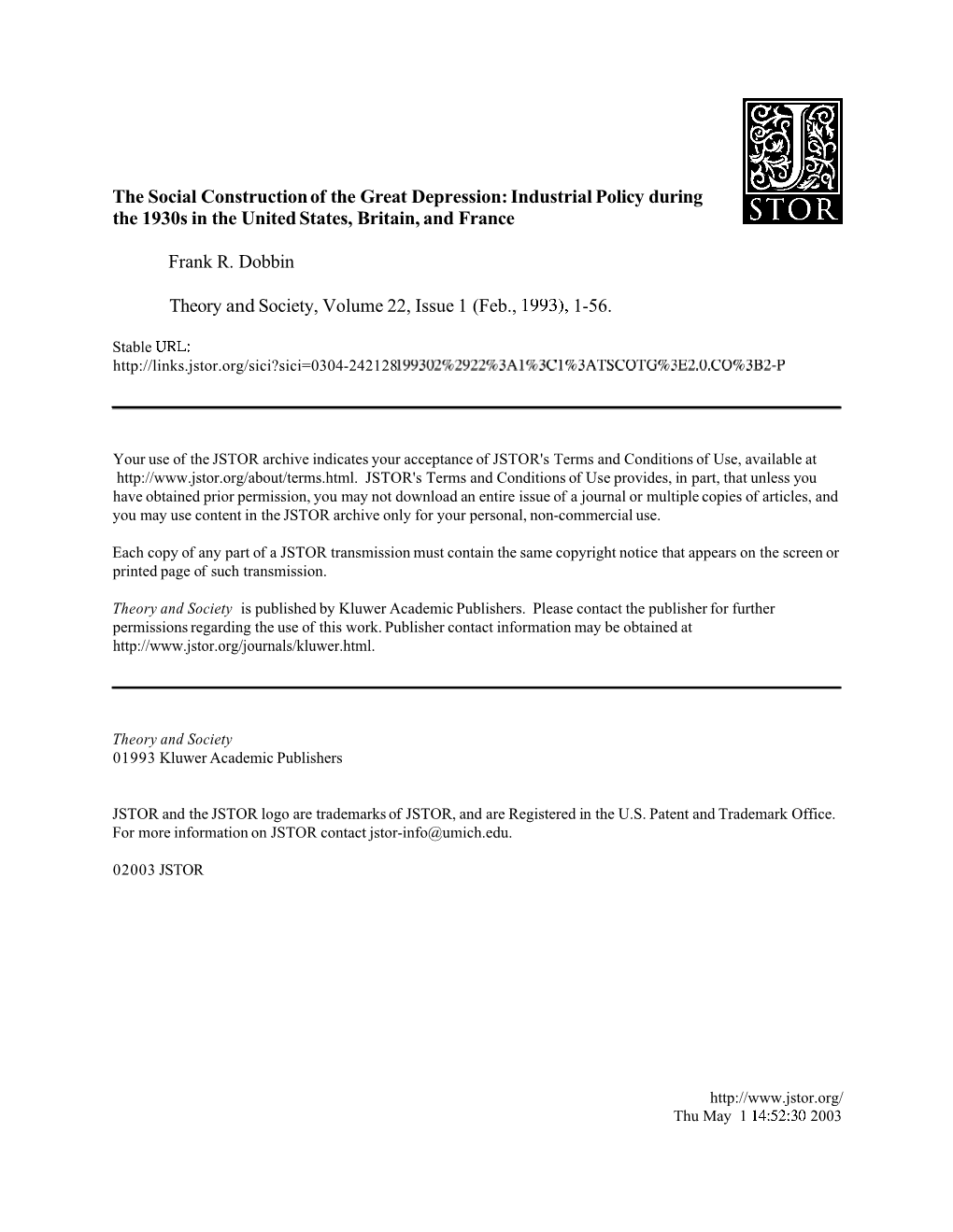 The Social Construction of the Great Depression: Industrial Policy During the 1930S in the United States, Britain, and France