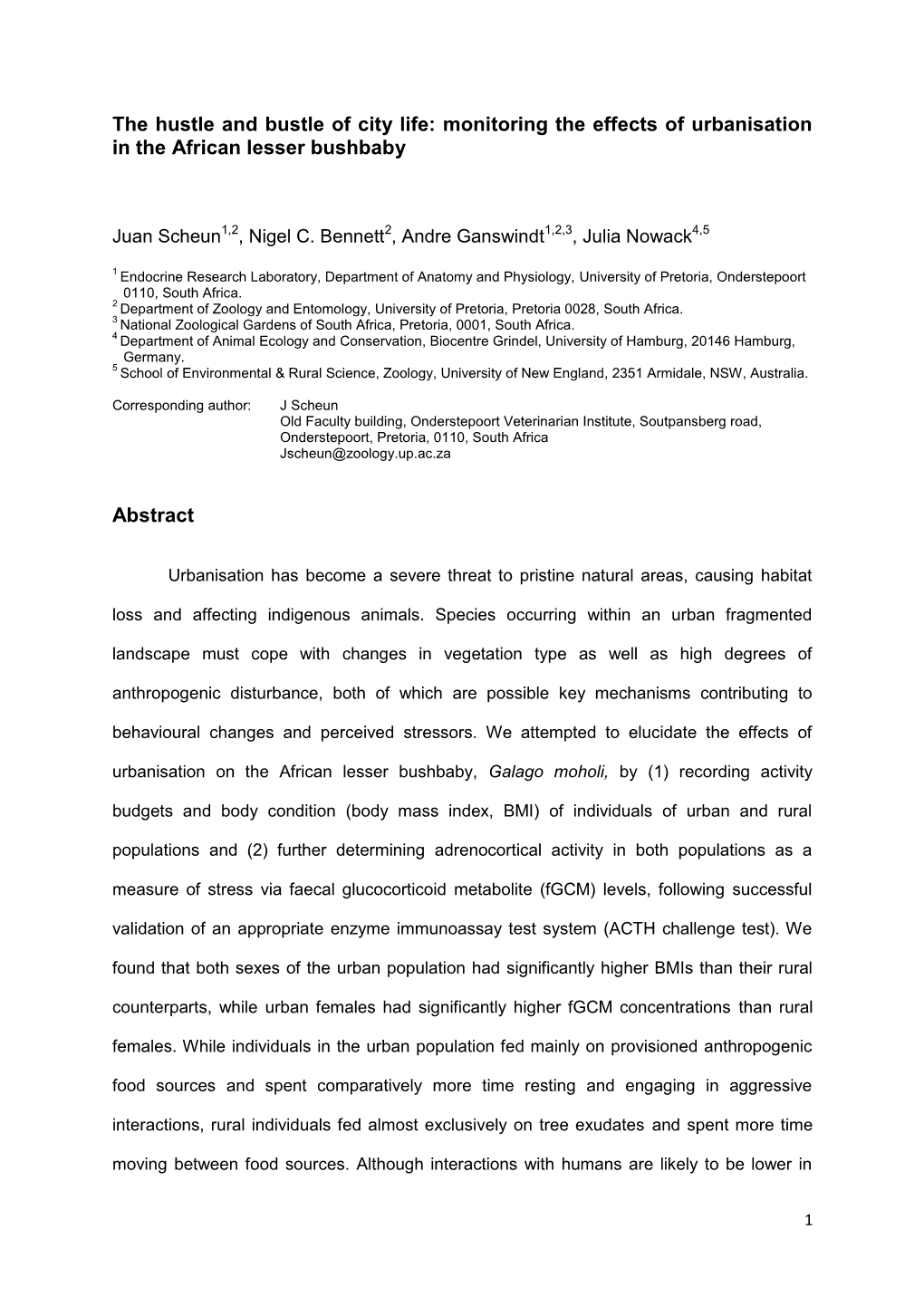 The Hustle and Bustle of City Life: Monitoring the Effects of Urbanisation in the African Lesser Bushbaby