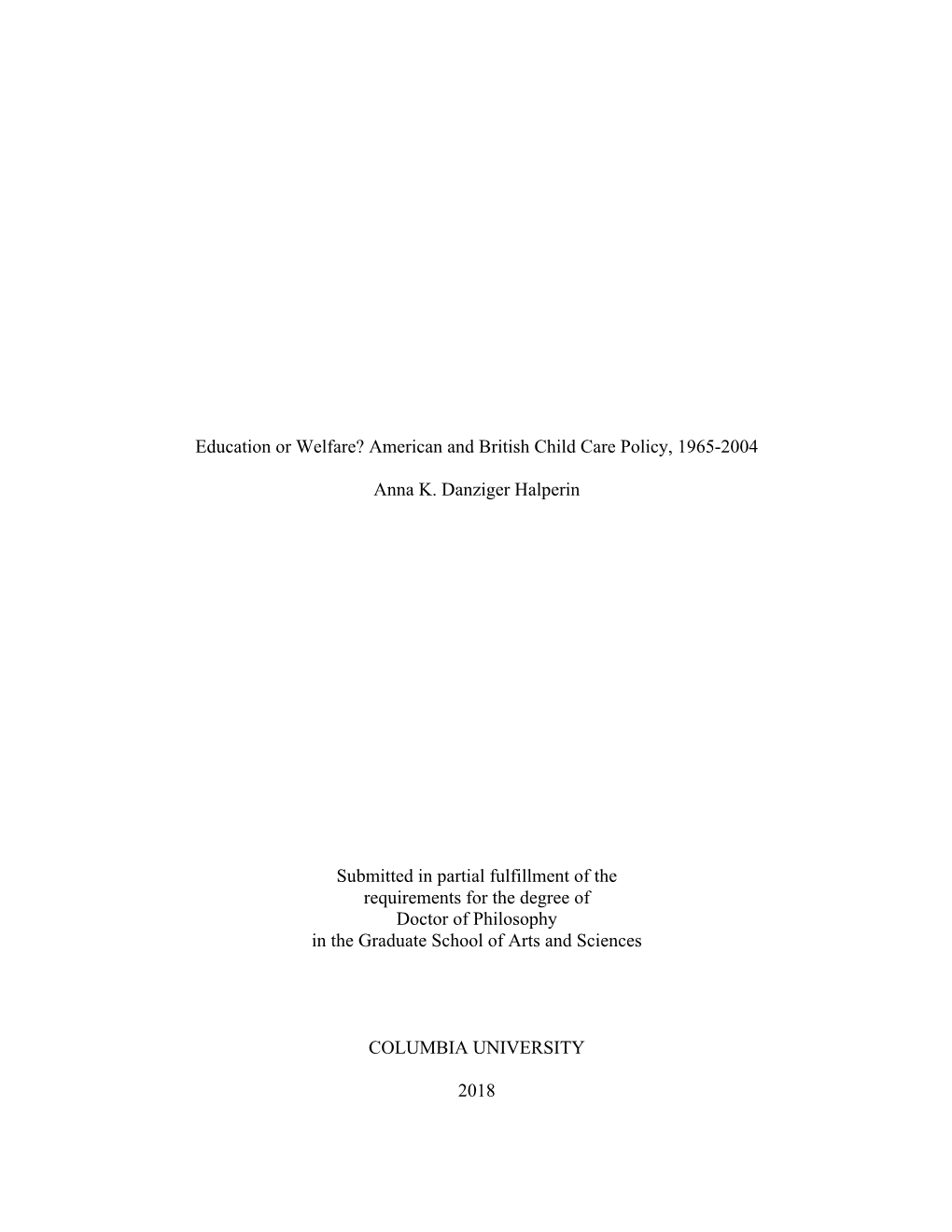 American and British Child Care Policy, 1965-2004