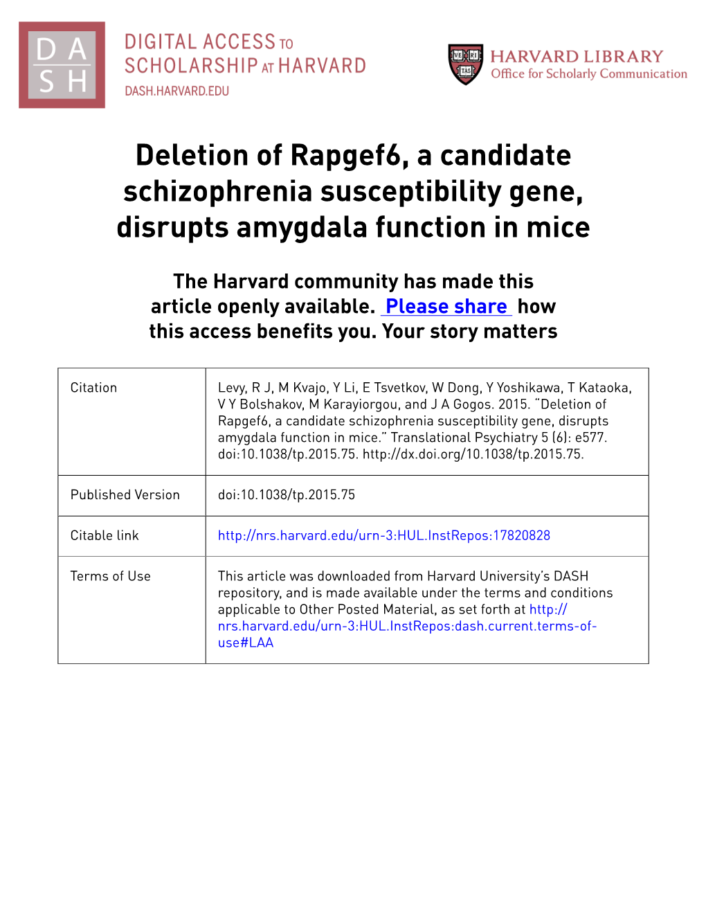Deletion of Rapgef6, a Candidate Schizophrenia Susceptibility Gene, Disrupts Amygdala Function in Mice