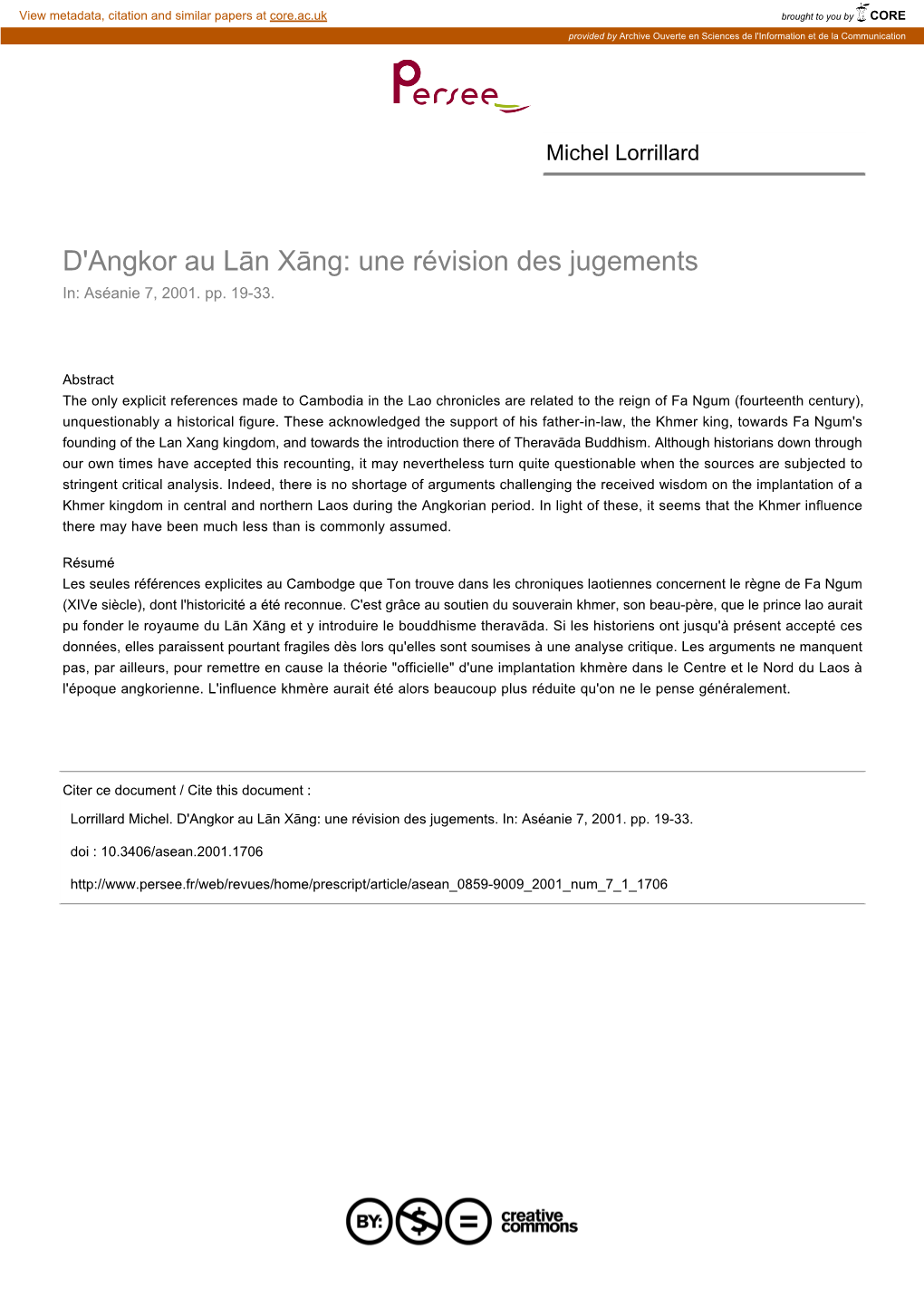 D'angkor Au Lān Xāng: Une Révision Des Jugements In: Aséanie 7, 2001