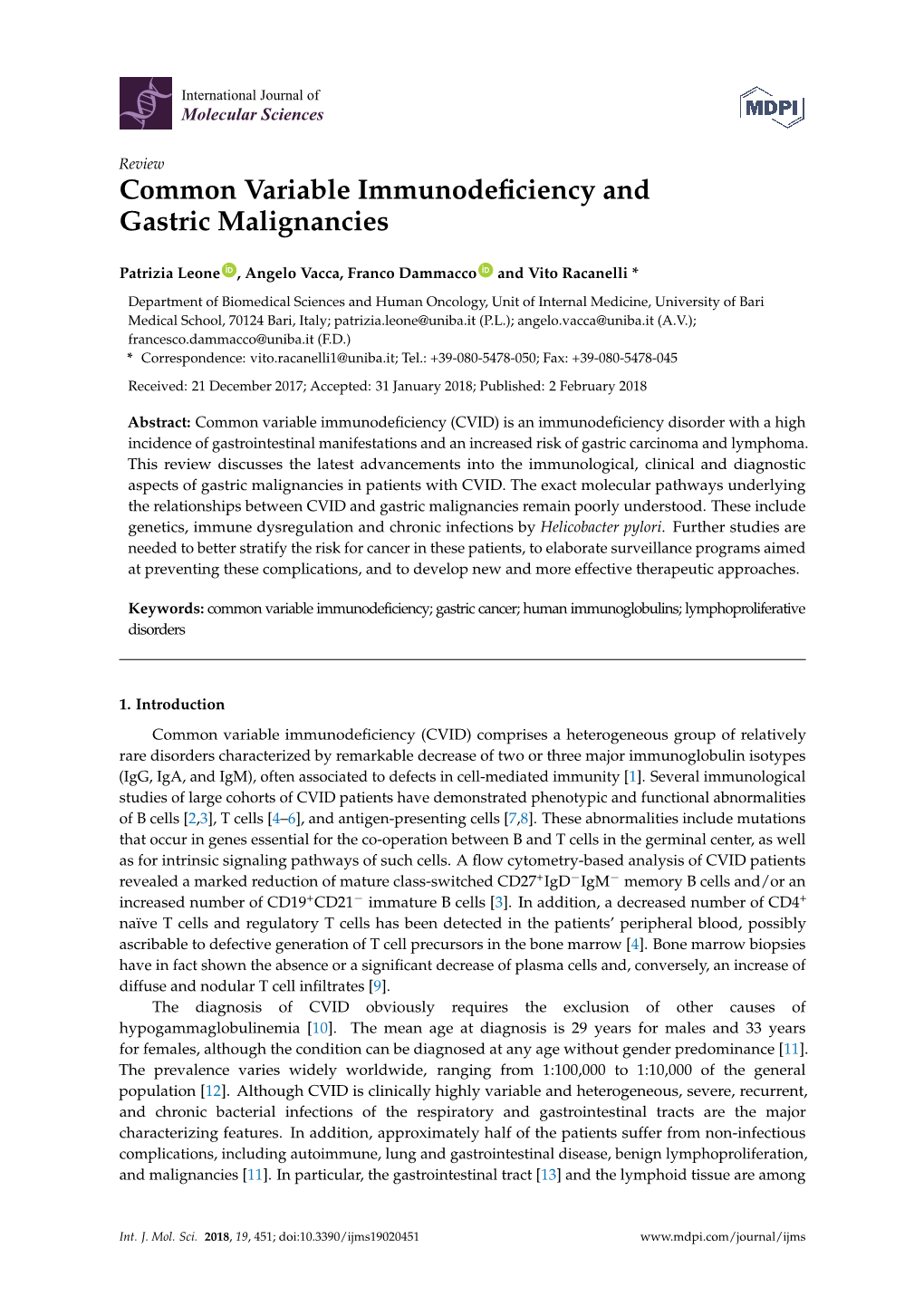 Common Variable Immunodeficiency and Gastric Malignancies