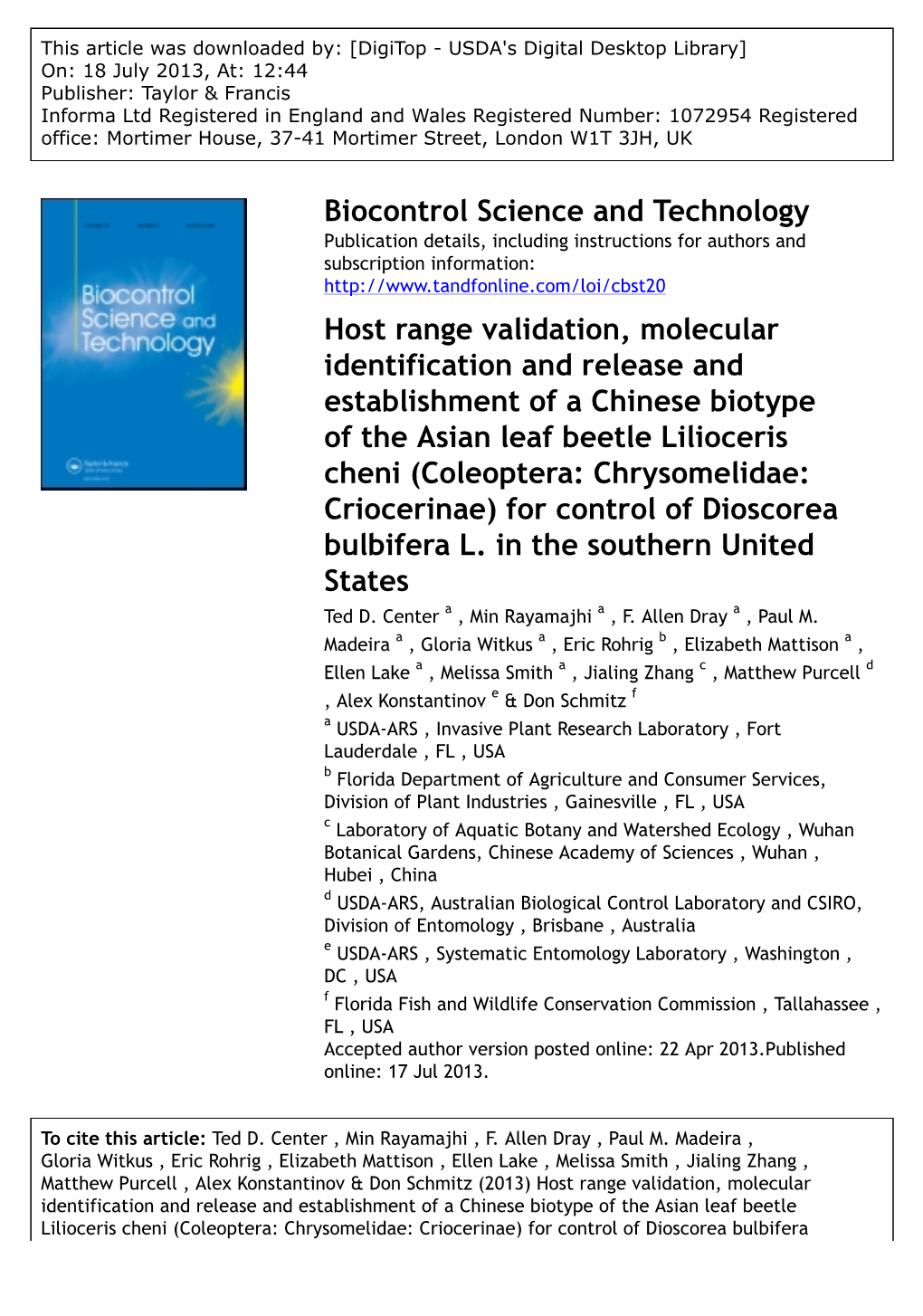 Host Range Validation, Molecular Identification and Release And