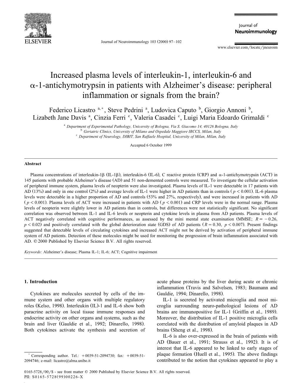 Increased Plasma Levels of Interleukin-1, Interleukin-6 and Α-1