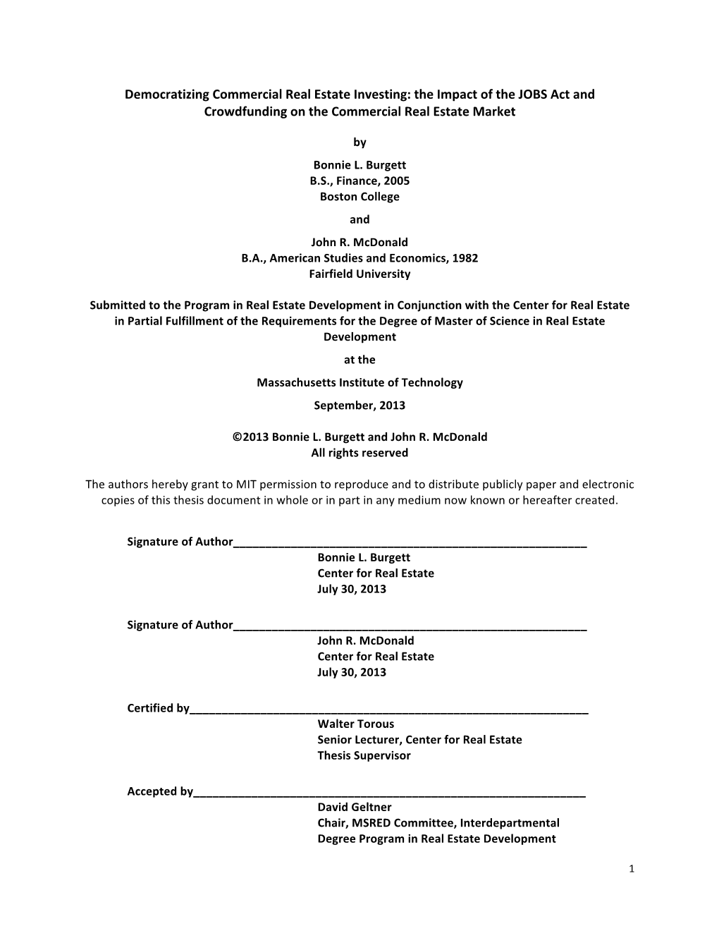 Democratizing Commercial Real Estate Investing: the Impact of the JOBS Act and Crowdfunding on the Commercial Real Estate Market